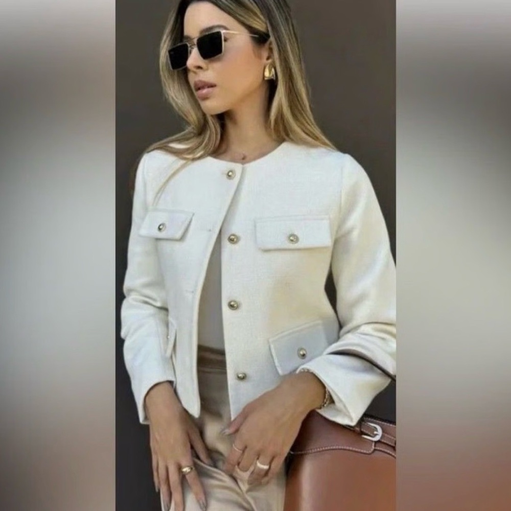 Old Money retro timeless classic Cream Button-Up Jacket gold buttons - Picture 3 of 11